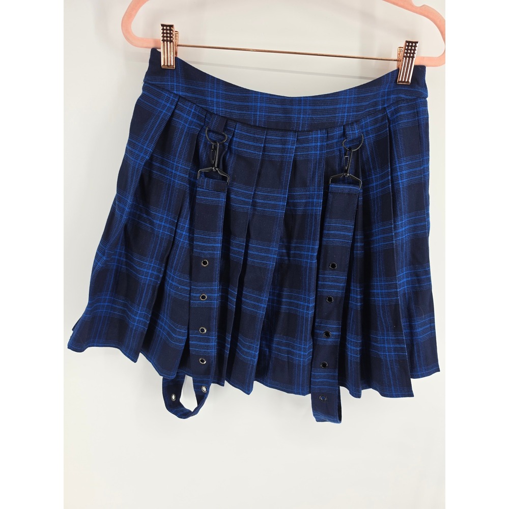 Chouyatou Blue Plaid Pleated Mini Skirt with Detachable Suspender Straps Small